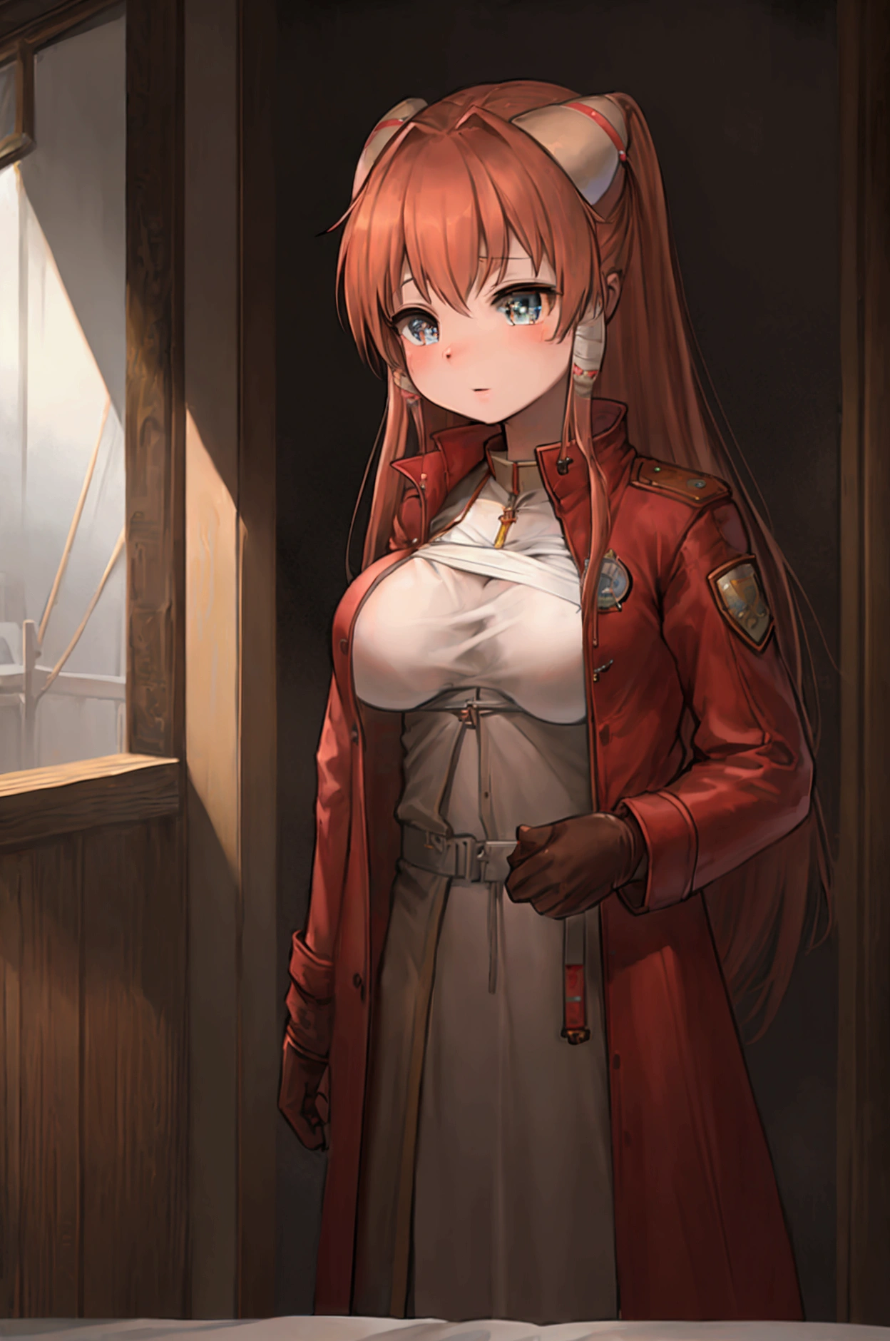(8K, best quality, masterpiece:1.2), Extremely detailed, masterpiece, Realistic lighting,masterpiece, best quality, masterpiece, Official Art,extremely detailed CG unity 8K wallpaper,Beautiful and delicate eyes, There is light on the face, 1 Girl, Asuka,Upper Body, breast, pilot_Set, plugSet, Red_jacket, Trench coat, Gloves, bandage, hair_Decorations, support,