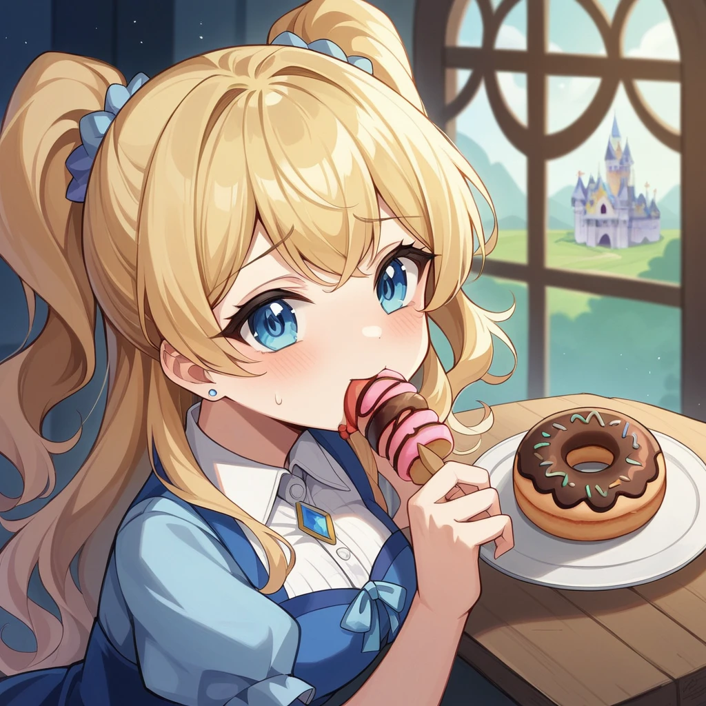 masterpiece、Highest quality、Very detailed、Very detailed、Ultra-realistic、Humorous pictures、A delicate anime-style illustration。Inside Cinderella's Castle、Cinematic lighting、Cinderella has become so fat from eating too many donuts and ice cream that she looks like a different person.、Blonde、Blue Dress、Melancholic expression。