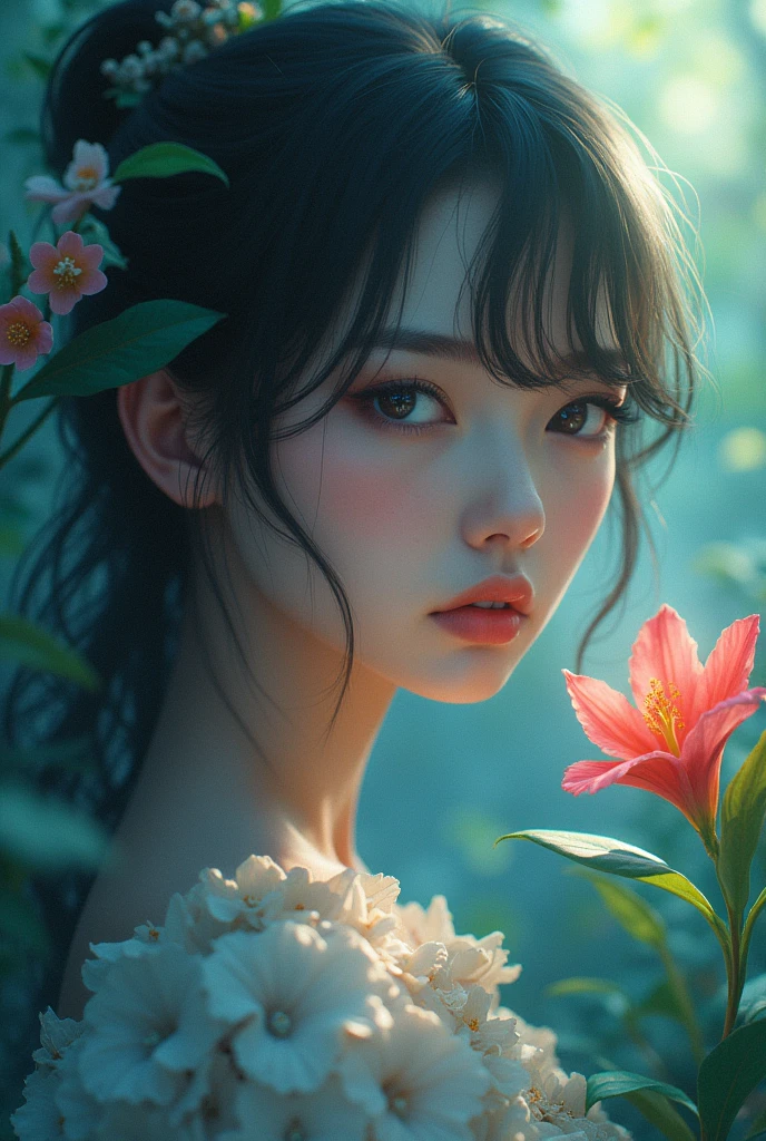 fashion photography portrait of human avatar, 1girl, in blue lush Rainforest with flowers, sci-fi, fantasy, octane render, hdr, Dolby Vision, (intricate details, hyperdetailed:1.2), (natural skin texture, hyperrealism, soft light, sharp:1.2), fluffy short hair, night, star, mix4, necklace, Mystery, (cleavage:0.8), flower headband, (stick insects, butterflies, birds)