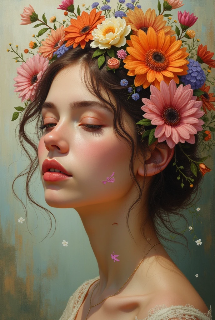 Lady with flowers in her hair is an acrylic painting, Lucy Glendinning's style, Tony Dietlitz, Organic and naturalistic composition, Flower Explosion, Ferris Piqué, Light orange and brown, Calm face