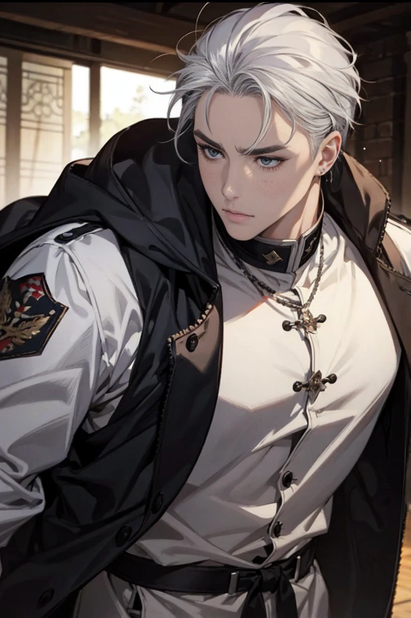 male性、soldier、uniform、knight、soldier、Oil painting style、Europe、Oil painting、antique、Silver Hair、Silver Hair、2 Blocks、I can see the ears、Berry Short、bad、Intimidating、Yankee、masterpiece、High resolution、30 years old、male、Young people、maleらしい、Eyebrows that are not too thick、Ear piercing、Lots of earrings、Stocky build、crude、rough、bullish expression、Muscular、目つきがbad、Image on chest、He seems to be good at fighting、Highest quality, High resolutionモデル, Center parting、Droopy eyes, Shortcuts、Downer、Gala's bad、Adult、No bangs、Well-built、Not classy、Large build、Strong bite、Forehead showing、The forehead is protruding