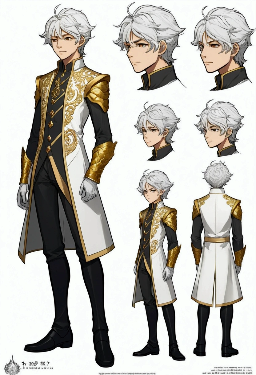 (FULL BODY CHARACTER DESIGN SHEET) (HIGH RESOLUTION) a character design sheet featuring a young male child around 10 years old, he has white hair styled in a 'comma' shape, wavy and slightly curled, common in anime. his golden eyes have reptilian slits, giving him a dragon-like quality. he wears a beautiful, noble outfit reminiscent of historical manhwa, featuring a regal color palette of grey, golds, and whites. despite his cute appearance, his expression is flat and emotionless, as if detached from the world around him. the background of the design sheet is neutral, focusing on the character from multiple angles, including a close-up of his face, the full body, and the others details. the overall style should resemble character design sheets often seen in manhwa, with clear lines and detailed shading to highlight his mysterious aura and intricate clothing details. (FULL BODY CHARACTER DESIGN SHEET) (3:4 CHARACTER DESIGN SHEET) (MANHWA STYLE)