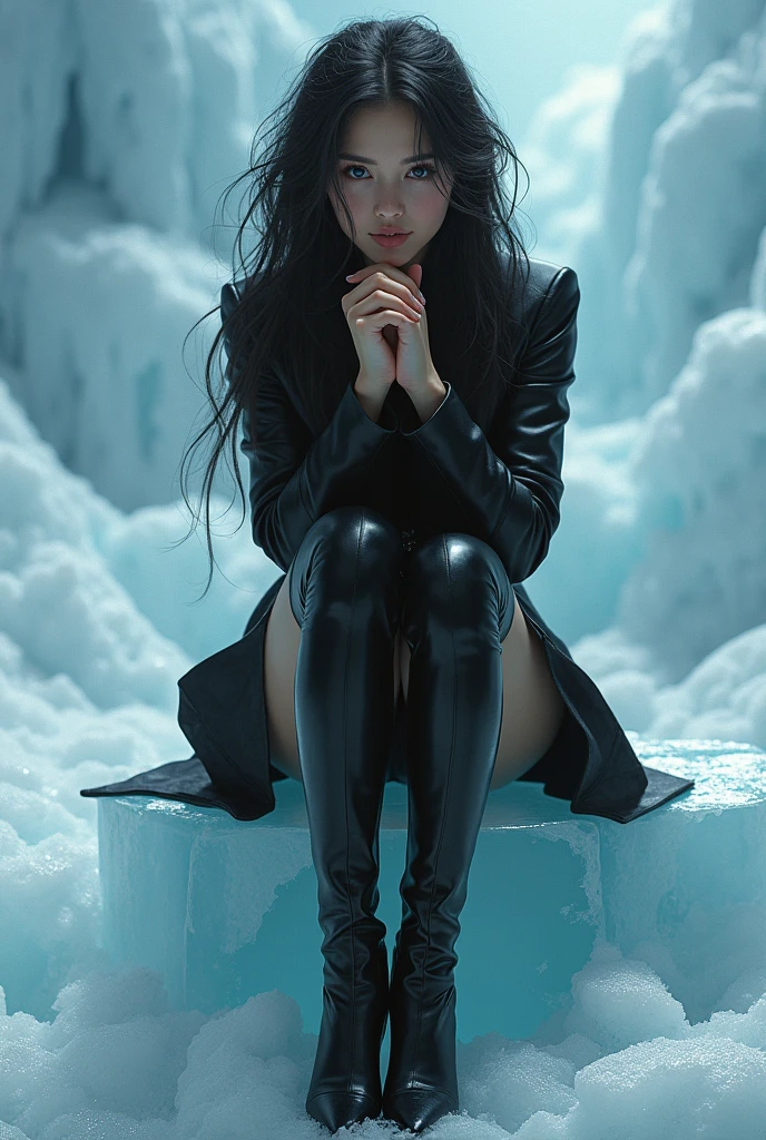 1girl, full body, sitting, clasping hands together, detailed hand, perfect hand, very long hair, messy hair, detailed face, looking at viewer, leaning forward, leather leggings, high heel boots, sitting on ice cube, 