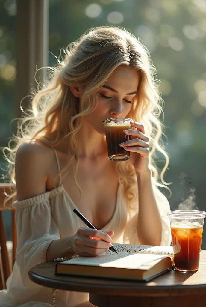 Ethereal woman sipping iced coffee with diary