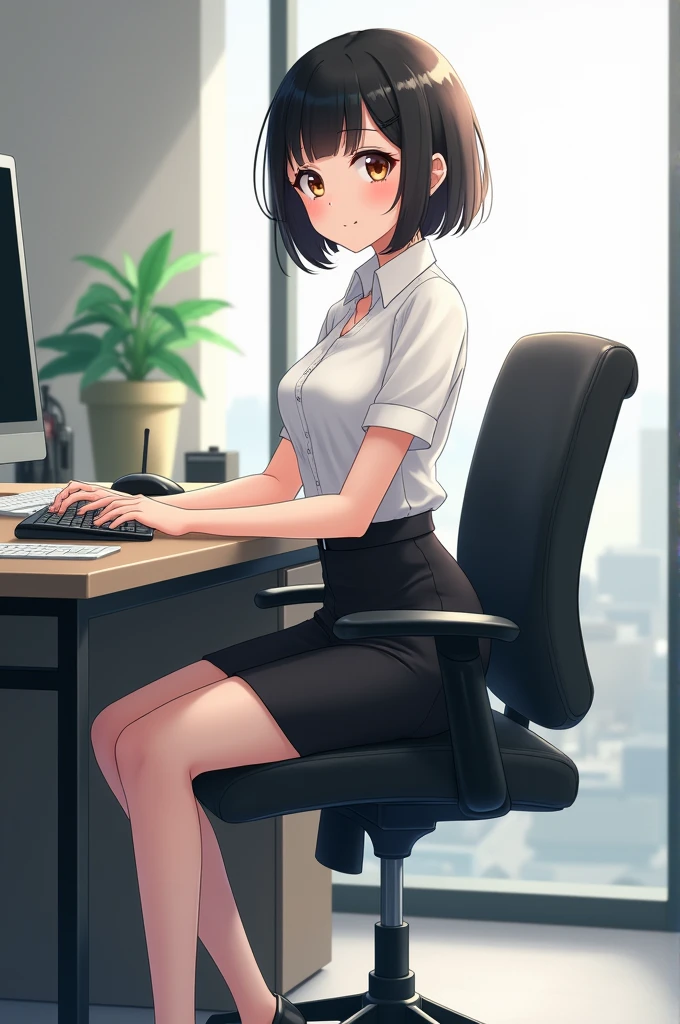anime, girl, short black hair, white shirt, black pencil skirt, silver pantyhose, black high heels, brown eyes, sitting at desk in office