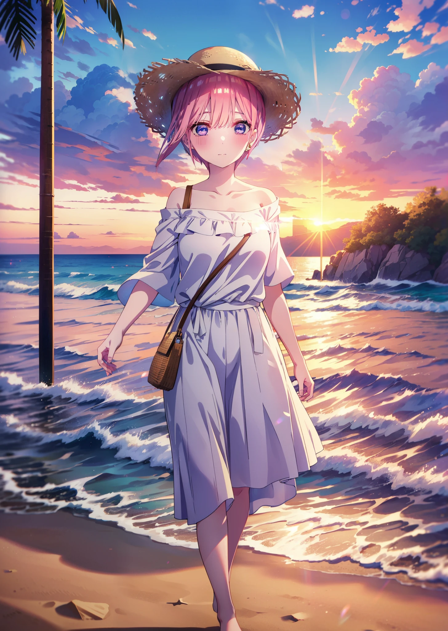 ichikanakano, Nakano Ichika, short hair, bangs, blue eyes, Hair between the eyes, Pink Hair, smile,blush,Open your mouth,Straw hat,White off-shoulder dress,Short sleeve,Long skirt,barefoot,Walking,sunset,evening,The sun is setting,Strolling on the sandy beach,
break outdoors, Beach,
break looking at viewer, whole body,
break (masterpiece:1.2), Highest quality, High resolution, unity 8k wallpaper, (figure:0.8), (Beautiful attention to detail:1.6), Highly detailed face, Perfect lighting, Highly detailed CG, (Perfect hands, Perfect Anatomy),
