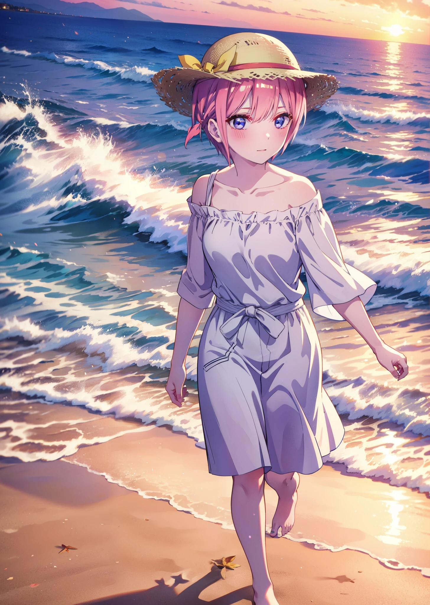 ichikanakano, Nakano Ichika, short hair, bangs, blue eyes, Hair between the eyes, Pink Hair, smile,blush,Open your mouth,Straw hat,White off-shoulder dress,Short sleeve,Long skirt,barefoot,Walking,sunset,evening,The sun is setting,Strolling on the sandy beach,
break outdoors, Beach,
break looking at viewer, whole body,
break (masterpiece:1.2), Highest quality, High resolution, unity 8k wallpaper, (figure:0.8), (Beautiful attention to detail:1.6), Highly detailed face, Perfect lighting, Highly detailed CG, (Perfect hands, Perfect Anatomy),