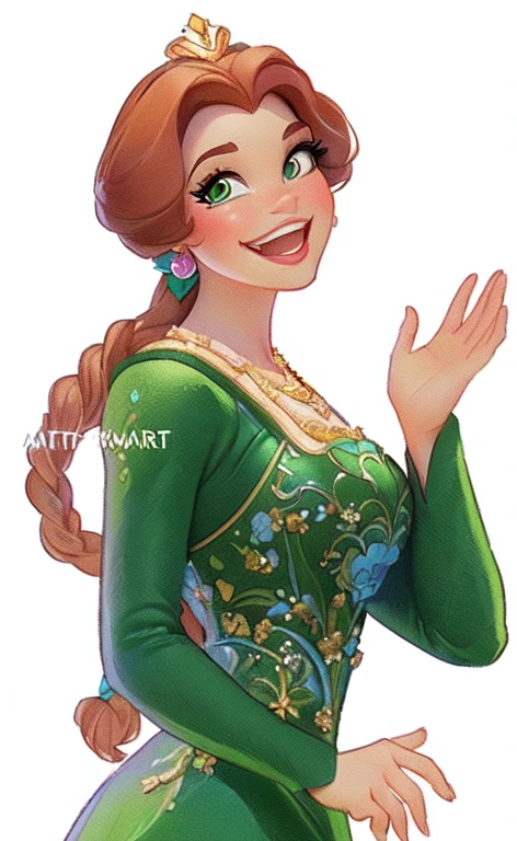 a cartoon image of a woman in a green dress waving, Arte Disney style, Arte Disneystyle, personagem da disney, art in the style of disney, Arte Disney, concept art by disney, personagem da disney style, Arte Disney, portrait of princess Fiona, disney rendering, fiona, disney cartoon, in the style of Disney animation