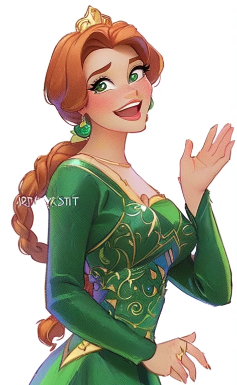 a cartoon image of a woman in a green dress waving, Arte Disney style, Arte Disneystyle, personagem da disney, art in the style of disney, Arte Disney, concept art by disney, personagem da disney style, Arte Disney, portrait of princess Fiona, disney rendering, fiona, disney cartoon, in the style of Disney animation