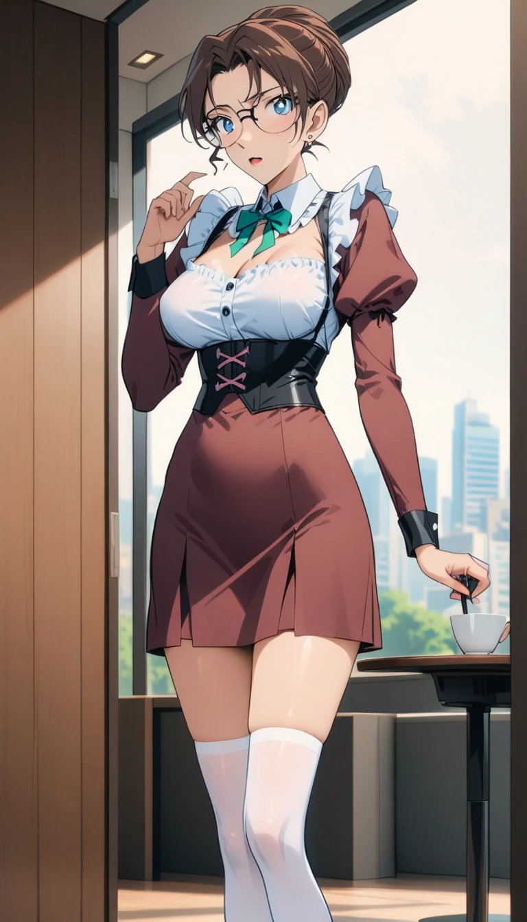 Brown-haired beauty，wearing glasses，individual，（aldult，30 years old，Height 1.7 meters，full-body shot：1.2），Best quality masterpiece，Wearing a maid outfit，Perfect body，Full breasts