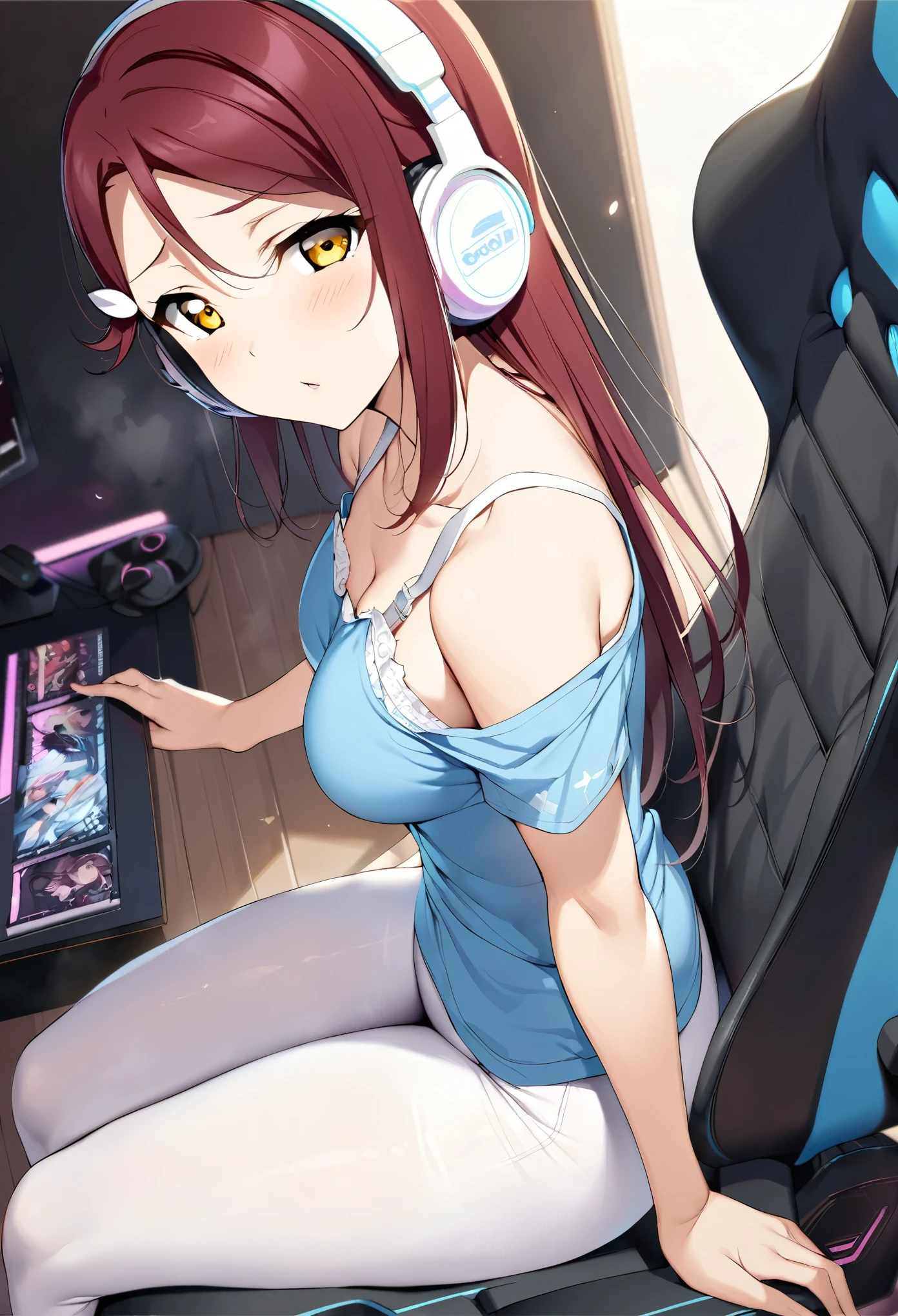 masterpiece, best quality, from side,collarbone, sakurauchi riko love live, yellow eyes, romantic, white leggings,blue tank top, headphones,detailed face,sitting on gaming chair, looking at viewer, breasts, erotic gamer