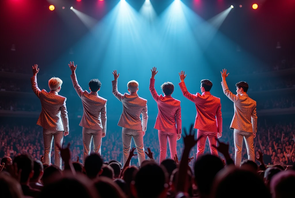 Under the spotlight, a group of six Japanese male idols dressed in flashy costumes waved to their fans, and the seats were packed with fans.