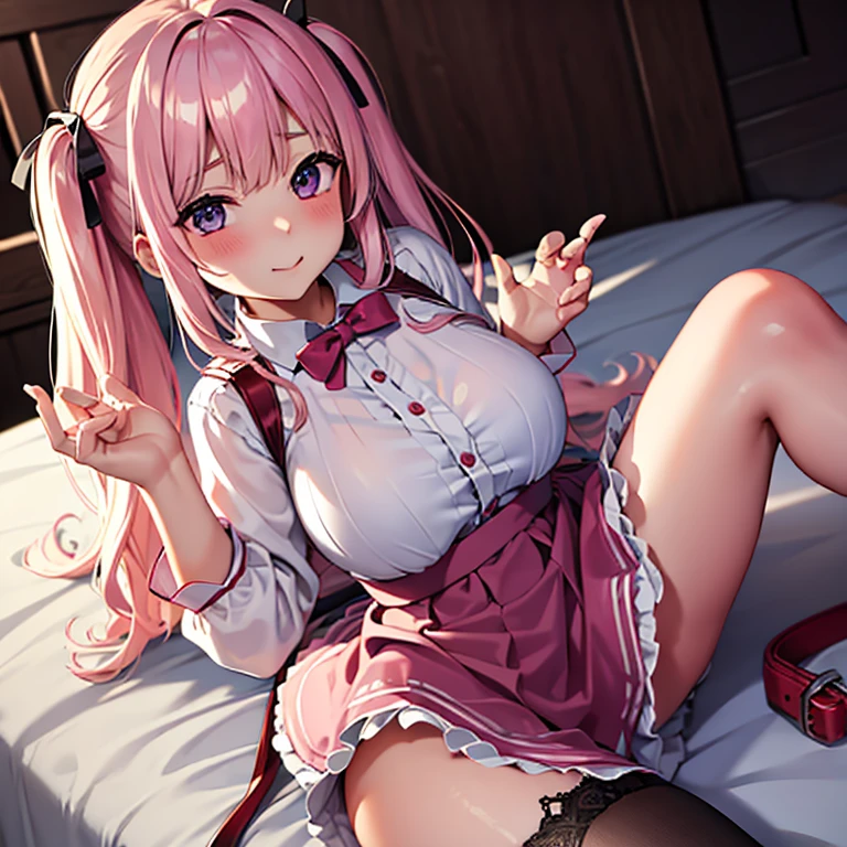 Girl white pantyhose blush pink hair red eyes JK skirt shy, Lying on the bed maid outfit spread her legs、