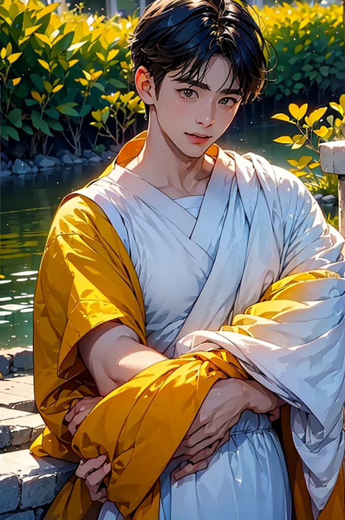 (in 8K、top-quality、masterpiece:1.2)、1 boy、short-haired、Hair short、Brown-skinned、Yellow view、