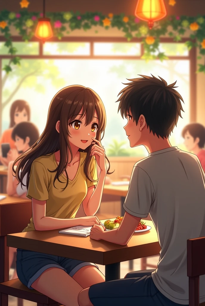Anime girl With Tanned skin,brown hair,brown eyes she is in a restaurant with a boy