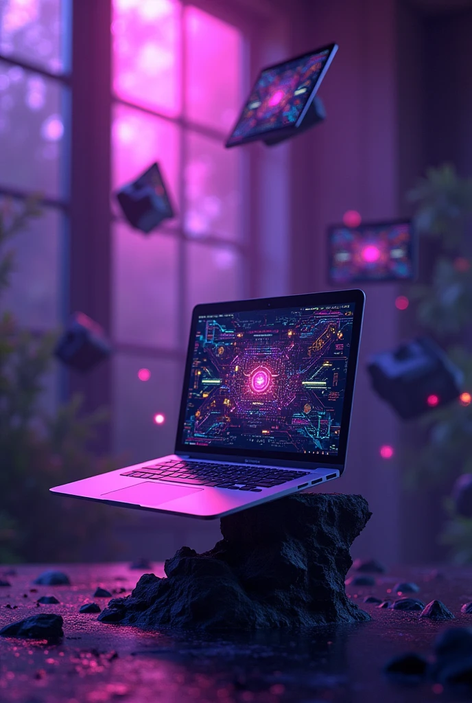 Laptops and computers flying as decoration, cyberpunk, purple and black background