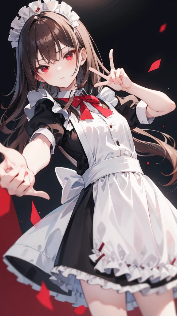 Maid clothes,Red eyes,Long Hair,Brown Hair,girl,He is making a peace sign with his left hand and looking at me.,Smooth hair,Shooting from below at an angle