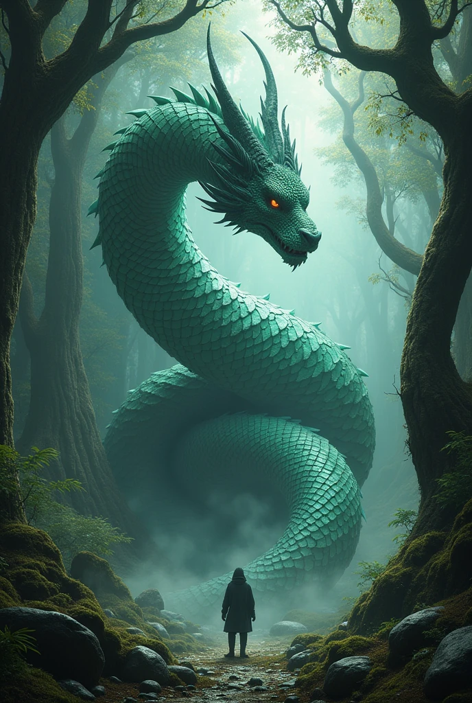 A striking cinematic poster featuring a desolated castle in ruins, with collapsed walls and broken towers. Majestic mountains loom in the background, and a dense forest surrounds the castle, adding to the eerie ambiance. In the foreground, a massive emerald-green serpent emerges from the castle's debris. It sports a thick, vine-like body, sharp-edged scales, and a Chinese dragon-like head. The serpent's glowing yellow eyes stare intensely, while backward-curving horns adorn its head. Swirling clouds of poisonous vapor escape from its mouth, creating a haunting and captivating atmosphere., poster, cinematic
