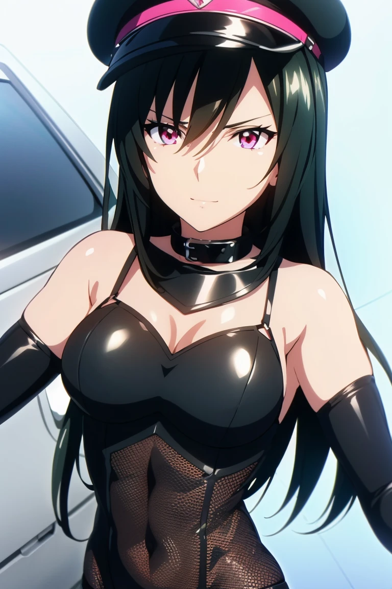 masterpiece, best quality, extremely detailed cg unity 8k wallpaper, extremely detailed cg, super fine illustration, beautiful, official art, production art, by famous artist, masterwork, exquisite, ultra high res, ultra detailed, insanely detailed, finely detailed, ultra quality, high quality, top quality, absurdres, absolutely resolution, incredibly absurdres, hair between eyes, long hair, black hair, (((pink eyes))), 16k portrait, anime screencap, anime style, anime best girl, beautiful portrait of cute anime girls, extremely detailed beautiful face and eyes, perfect face, perfect eyes, even eyes, symmetrical eyes, perfect female body, cross bangs, highly detailed, intricate, professional quality, slant eyes, 32k portrait, (((cowboy shot, body shot, lower body))), (((pantyhose, skin tight))), beautiful artwork, super detailed skin, large breasts, hdr, extremely high resolution, bare shoulder, deep detailed eyes, bondage, leotard, cleavage cutout, cleavage, (((elbow gloves))), enamel clothes, gleaming skin, oil skin, shiny skin, bare cleavage, bare collarbone, (((animal collar))), (((black peaked military cap))), adult, perfect proportion, perfect anatomy, voluptuous, fearless face, adult face, blue sky background, midriff peek,