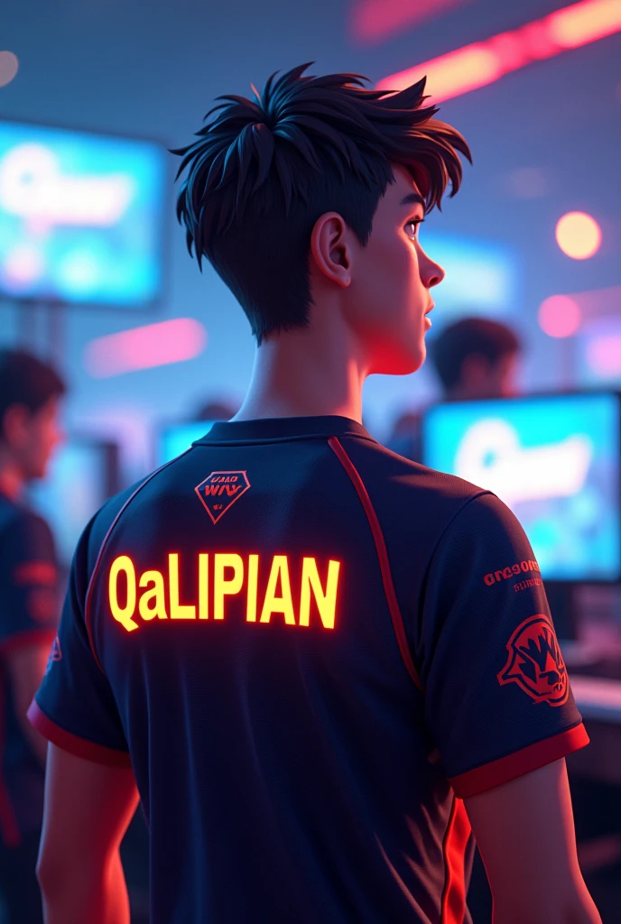 A young man gamer wearing esports jersy with a name of "QaLipian" at the back