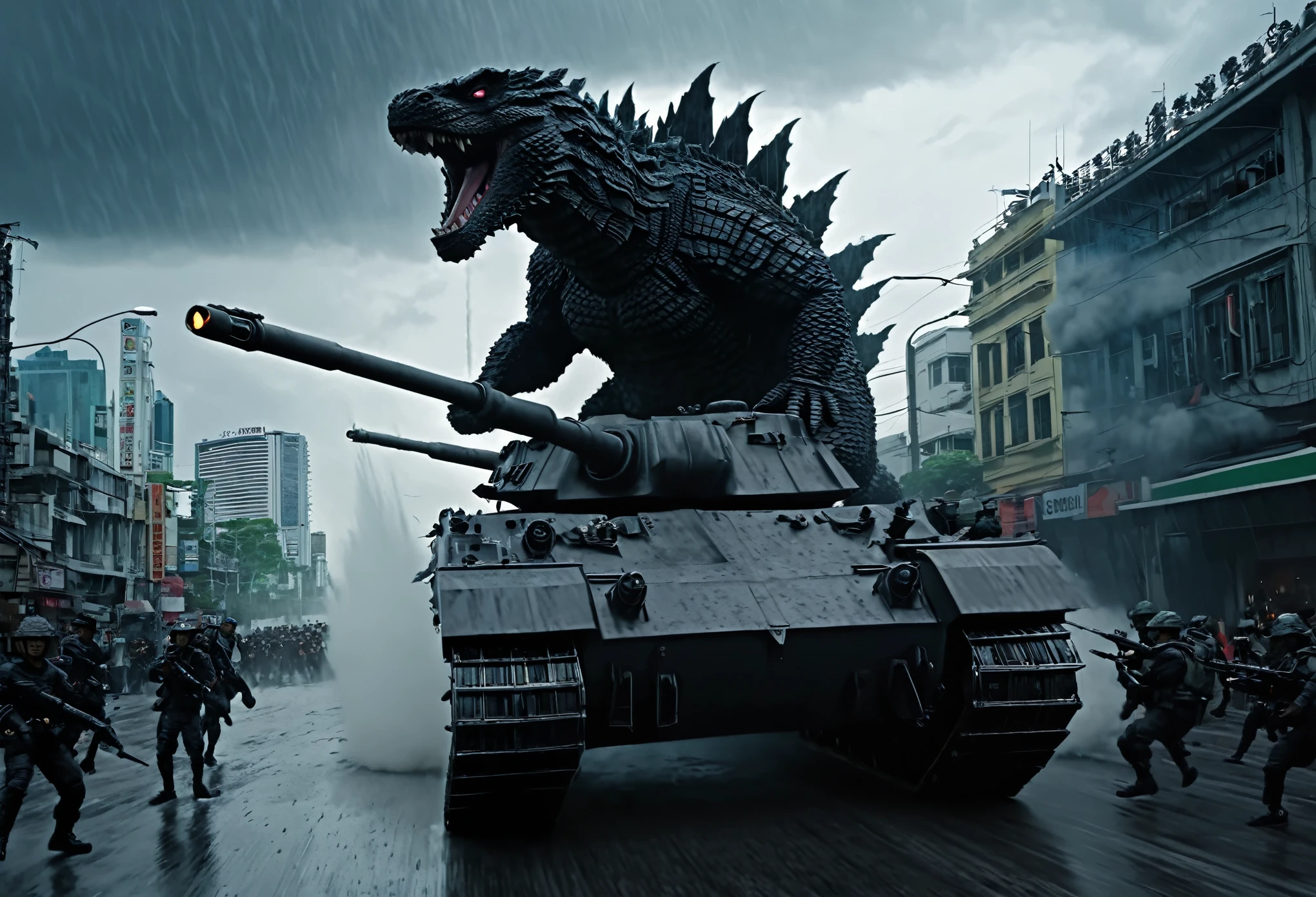 a heavily armed and armored tank, firing its weapons at Godzilla, Godzilla on a rampage in Bangkok, daytime, army assault on Godzilla, photorealistic, 8k, cinematic lighting, dramatic angles, intense action, powerful explosions, detailed textures, dystopian cityscape, dark clouds, rain and mist, epic scale, highly detailed, masterpiece