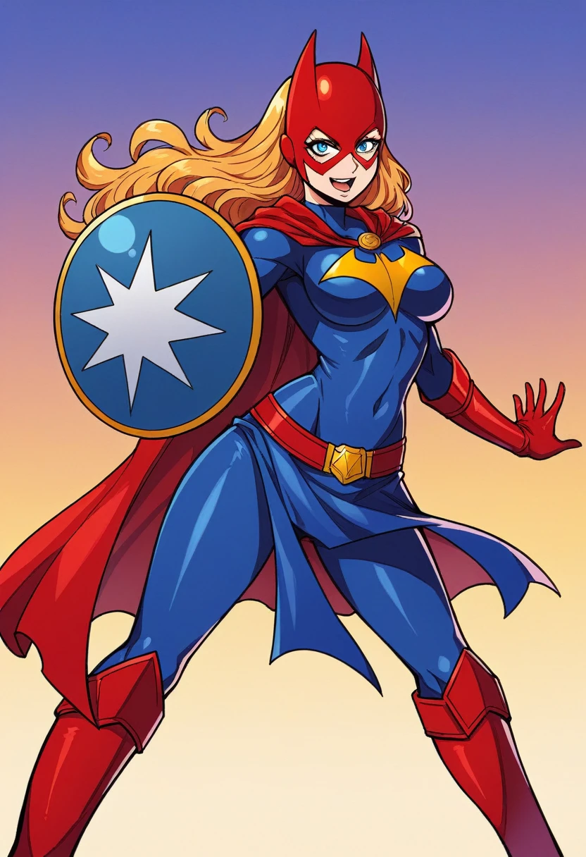 A stunning, high-resolution group image featuring the female versions of iconic superheroes standing together in a powerful, united pose. Each heroine is depicted with a strong yet feminine build, showcasing their unique costumes and characteristics with elegant, feminine touches, all incorporating skirts. Superwoman wears a vibrant blue bodysuit with a bold, red 'S' emblem on her chest, a matching blue skirt, a flowing red cape draped over her shoulders, and stylish red boots. Her hair flows freely in soft waves, and she stands confidently with one hand on her hip. Batgirl is clad in a dark, midnight blue bodysuit with a gold bat emblem on her chest, a matching blue skirt, a flowing black cape, and gold-trimmed boots. Her utility belt is practical yet subtly stylish, and her long, wavy hair flows freely from her cowl. She stands vigilantly, holding a batarang. Spider-Woman wears a sleek red and blue bodysuit with a web pattern, a matching red and blue skirt, and a white spider emblem on her chest. Her mask covers her eyes, allowing her long hair to flow out. She stands in an agile, ready-to-leap pose, one hand extended as if ready to shoot webs. Iron Woman is in a high-tech, form-fitting armor suit in red and gold, with a glowing arc reactor on her chest, a matching red and gold skirt, and stylish red and gold boots. Her helmet is off, revealing her confident expression and sleek hair. She stands with one hand on her hip and the other arm extended, repulsor ready to fire. Captain America (female version) wears a blue bodysuit with white and red accents, a matching blue skirt, a white star emblem on her chest, and red boots. She holds a circular shield with the iconic star and stripes. Her hair is tied back in a practical yet stylish manner, and she stands with the shield raised, ready to defend. They are all posed together on a rooftop against the backdrop of a city skyline at sunset, casting a warm, golden light over the scene.