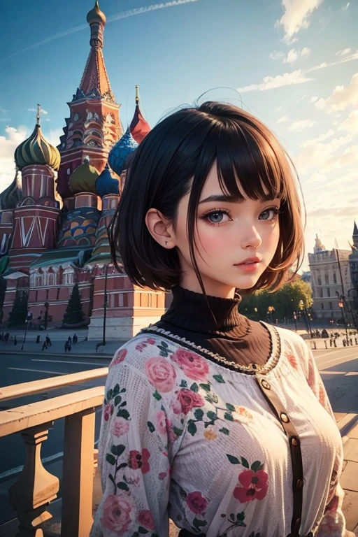 (masterpiece, highest quality:1.1), (Popart Style),Flat Color,((one Girl)),Cute face, ((short hair)), 19y.o.,Enjoy your trip, (Moscow), Russia, Beautiful detailed scenery, Beautiful lighting,very happy,Dynamic pose,photo portrait, sharp,An illustration：okama, ((skinny))