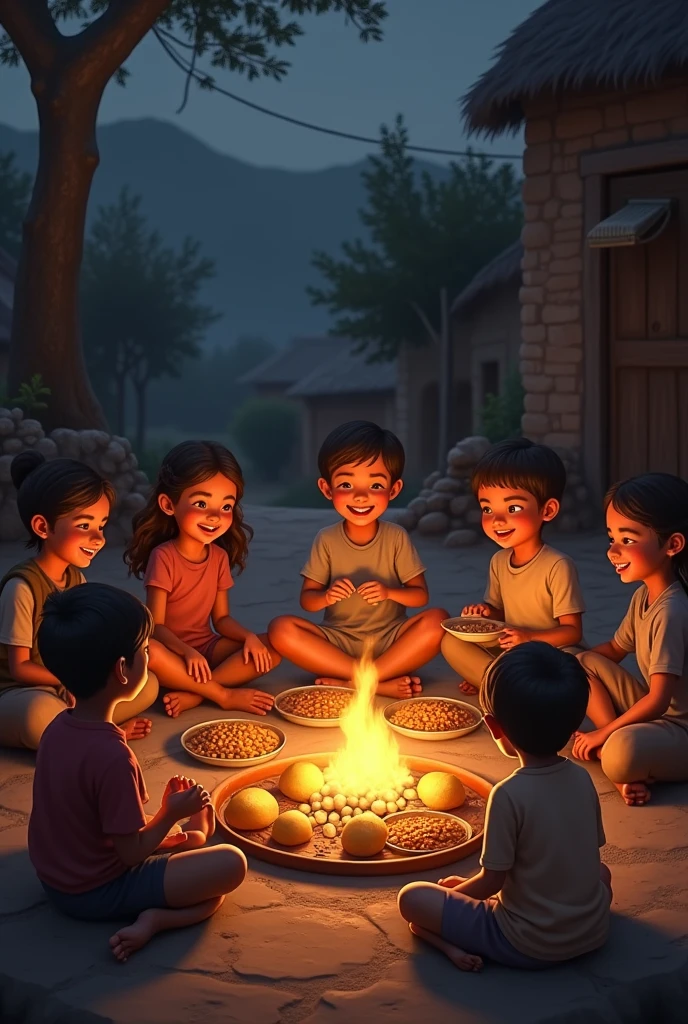 Some ren and adultnear a fire and eat chana potatoes vage people in circle rush