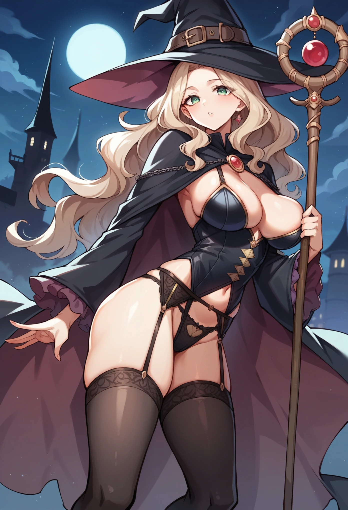 (masterpiece:1.2, Highest quality),(Anime Style),Visible from the knees to the head, 20-year-old woman,Yellow-green eyes,Beige hair,Forehead is visible,Wavy Hair,Long Hair,Very large breasts,Saggy breasts,Wizard,Black witch hat,Black Robe,Black garter belt,Black Stockings,Jeweled Staff,night,tower