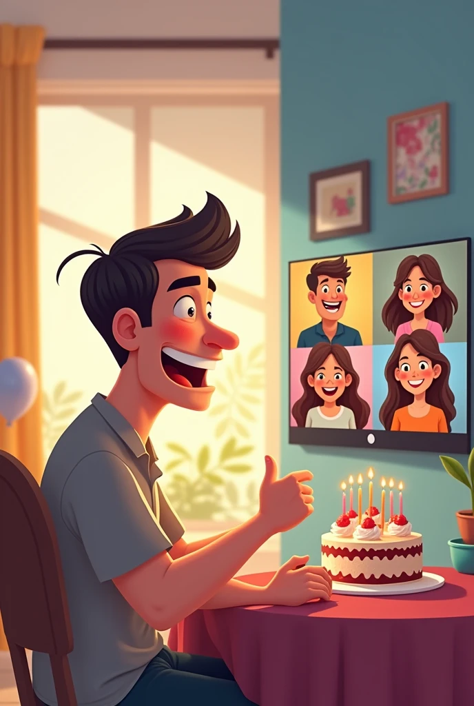 An animated drawing of a man celebrating birthday abread alone but while being in a single video call with his mother, father and two brothers together.
