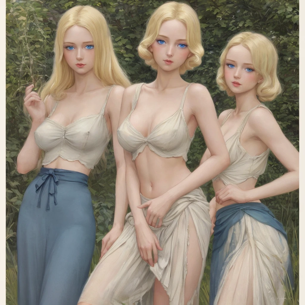 5 girls,Group long blonde hair, Green eyes, 1930s European style, high quality, full-body shot, 20 years old, Big breasts, beauty的腿, Shoulderless crop top and skirt , delicate eyes, Delicate lips, Extremely detailed face, long eyelashes, Elegant, beautiful, beauty, charming, Exquisite, Realism, 8k, best quality, masterpiece, Shy look anatomically correct, accurate, high detail, In the garden