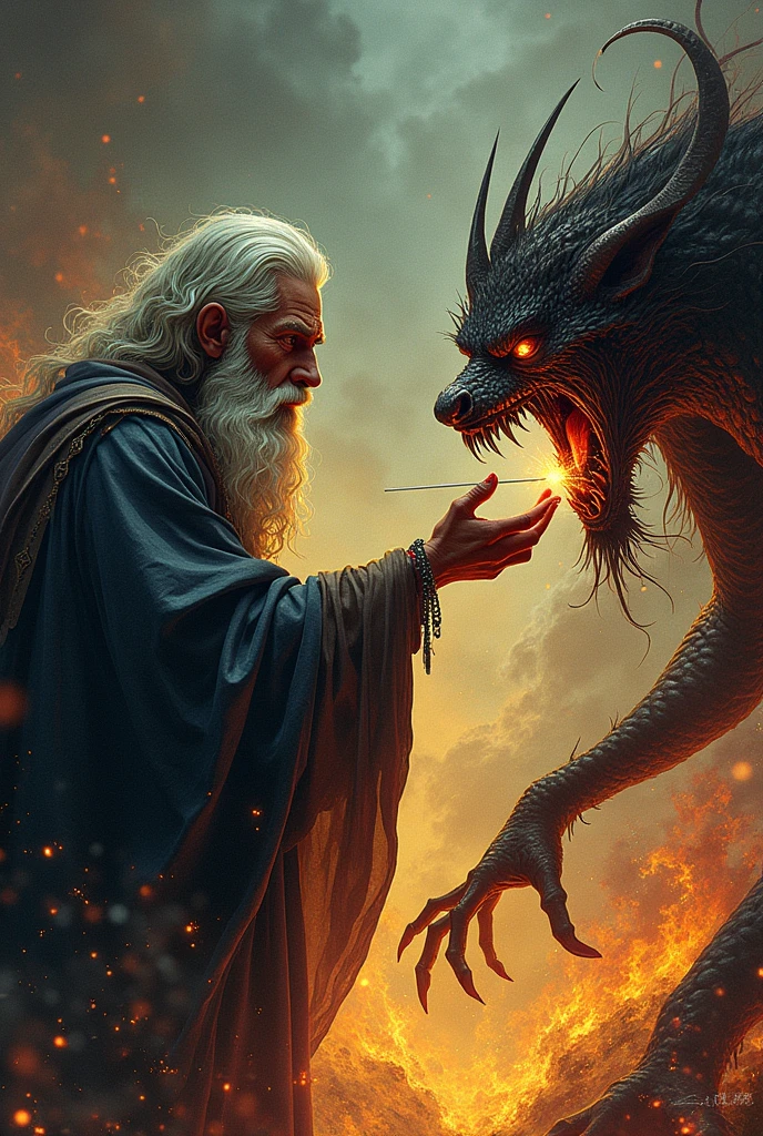 Illustration of Prophet Idris piercing the devil's eye using a sewing needle