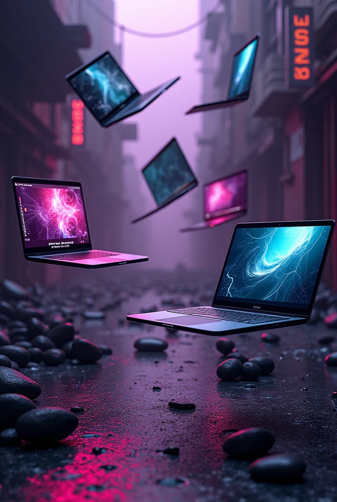 Laptops and computers flying as decoration, cyberpunk, purple and black background
