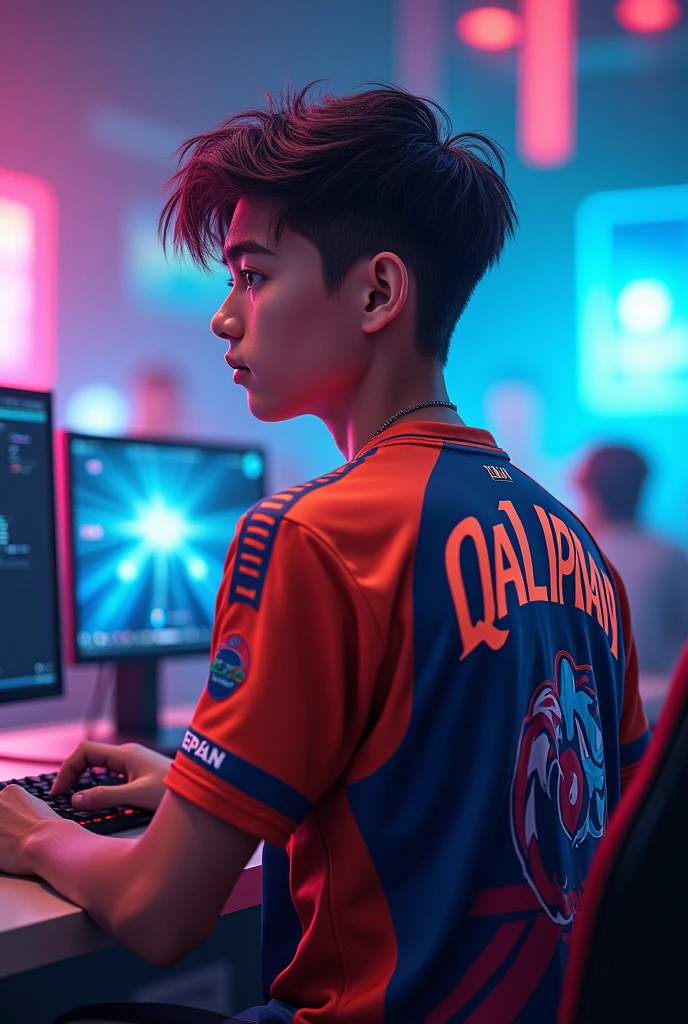 A young man gamer wearing esports jersy with a name of "QaLipian" at the back
