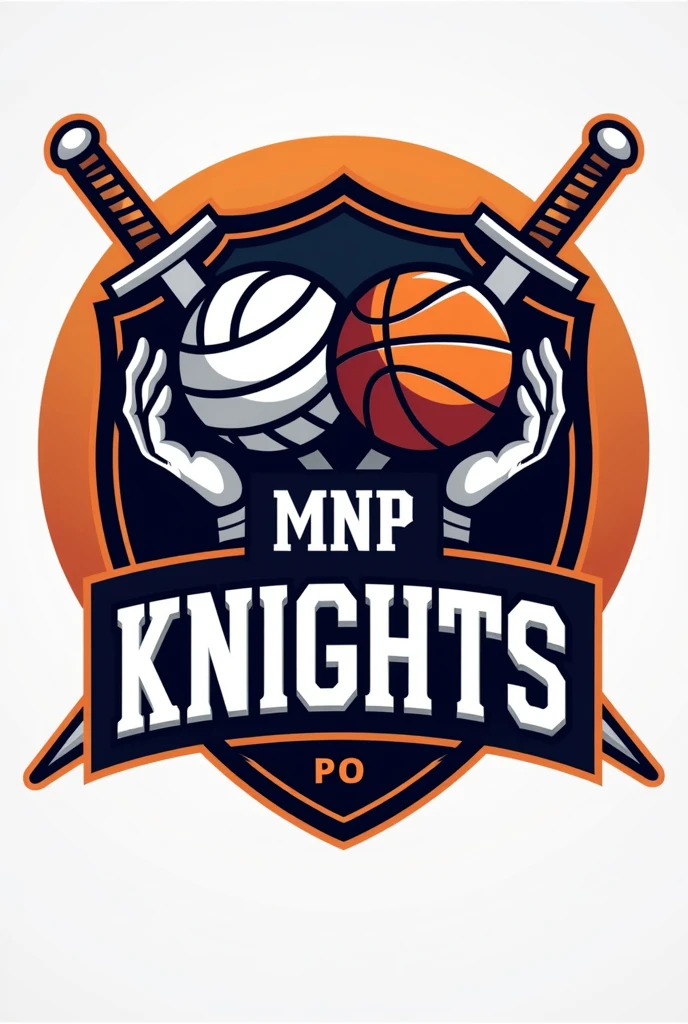 Create a logo, entitled MNP knights the design is one whole ball and the is half volleyball ball and the other side is basketball ball with two hands and shield and swords include the "MNP KNIGHTS" and mnp inspired by MANO PO