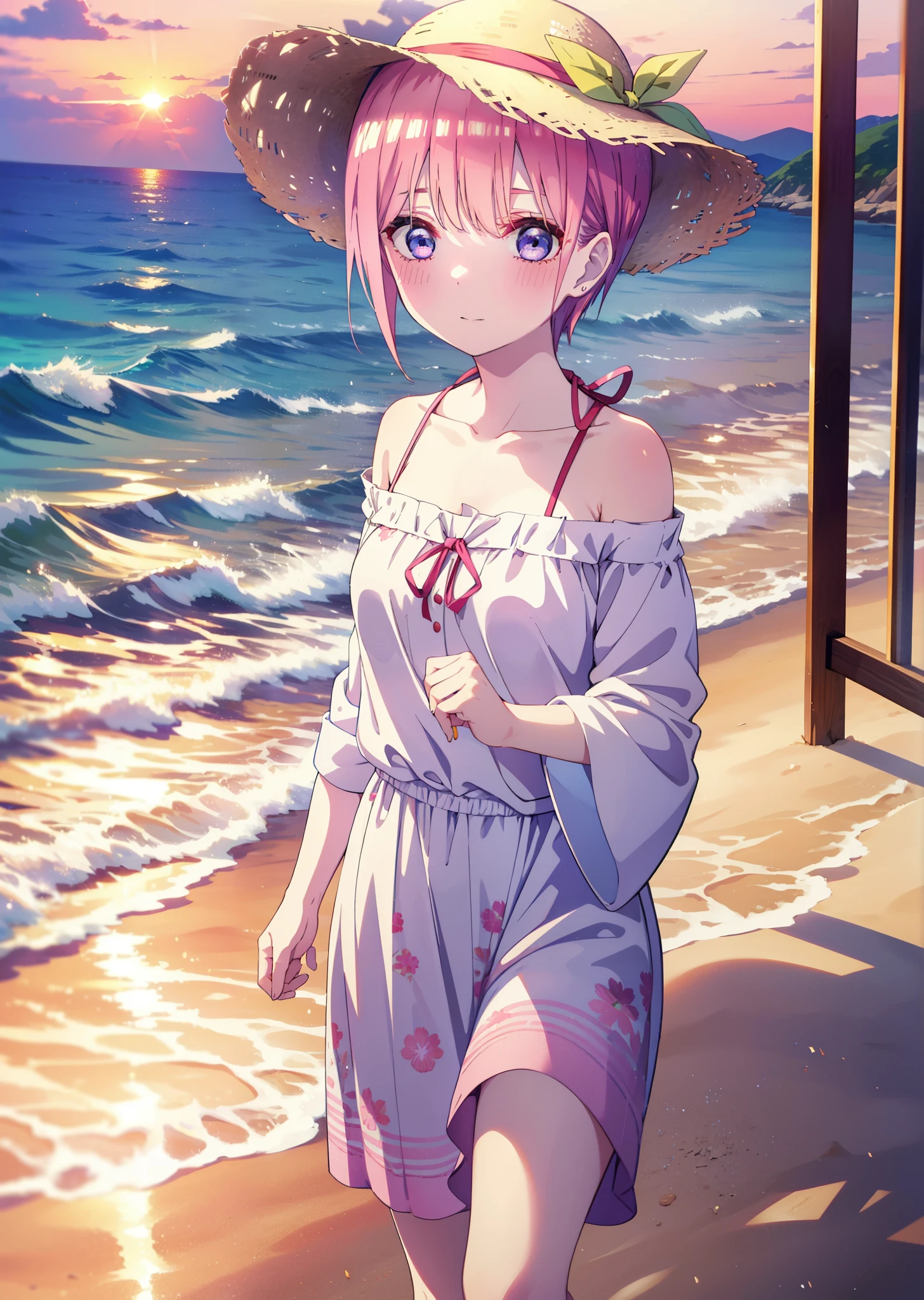 ichikanakano, Nakano Ichika, short hair, bangs, blue eyes, Hair between the eyes, Pink Hair, smile,blush,Open your mouth,Straw hat,White off-shoulder dress,Short sleeve,Long skirt,barefoot,Walking,sunset,evening,The sun is setting,Strolling on the sandy beach,
break outdoors, Beach,
break looking at viewer, whole body,
break (masterpiece:1.2), Highest quality, High resolution, unity 8k wallpaper, (figure:0.8), (Beautiful attention to detail:1.6), Highly detailed face, Perfect lighting, Highly detailed CG, (Perfect hands, Perfect Anatomy),