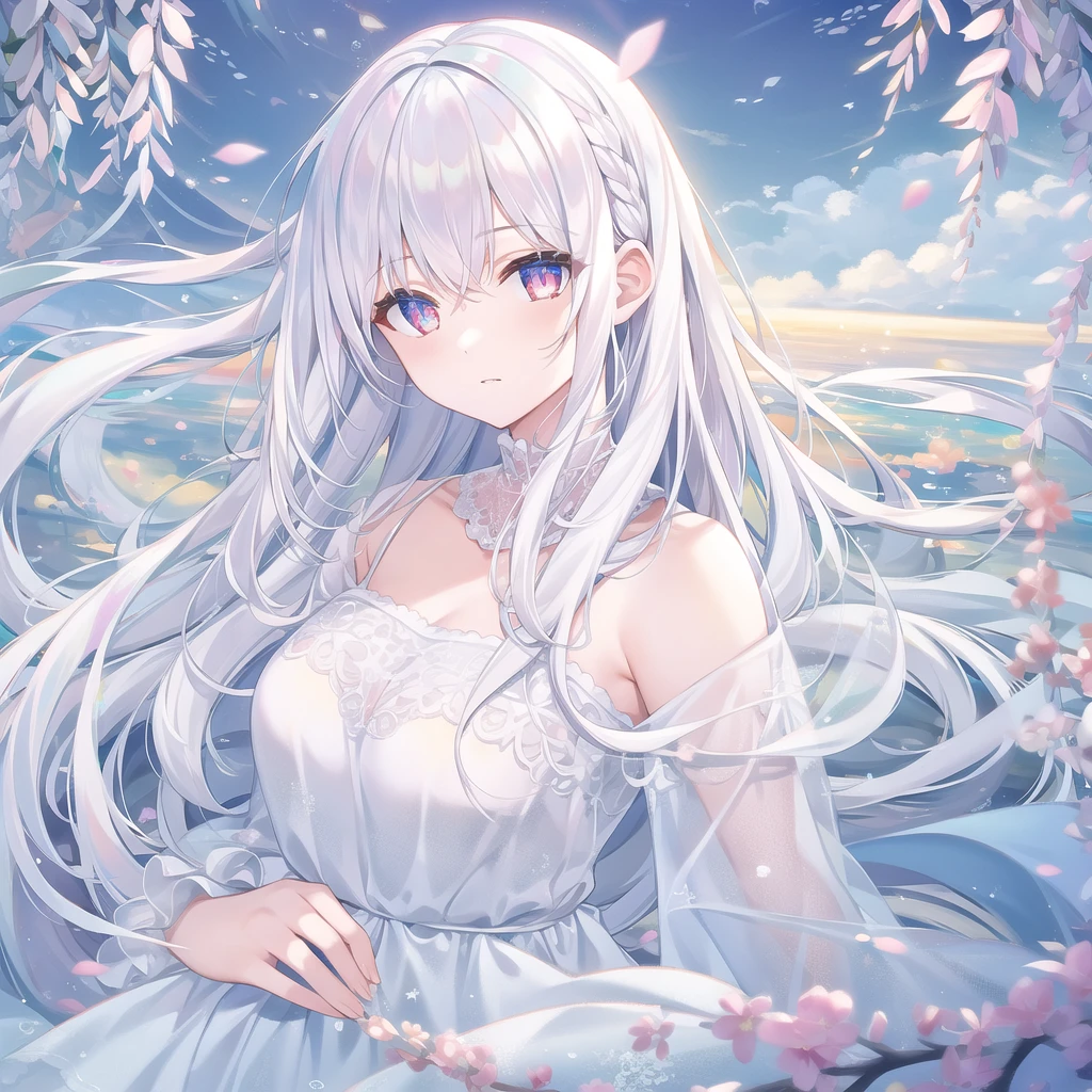 ((masterpiece, best quality))++, Detailed lighting+, Detailed hair+, Detail hand+ ,1 girl, Miss, Long hair, Crimson eyes, beautiful eyes, young white hair,,(Beautiful white hair:1.5),(Beautiful and delicate eyes), high resolution+,glass tint, Reflective eyes, {{angle}} , Very detailed wallpaper, The original, Air bangs,Extremely beautiful CG,Firefly,Nature,ocean