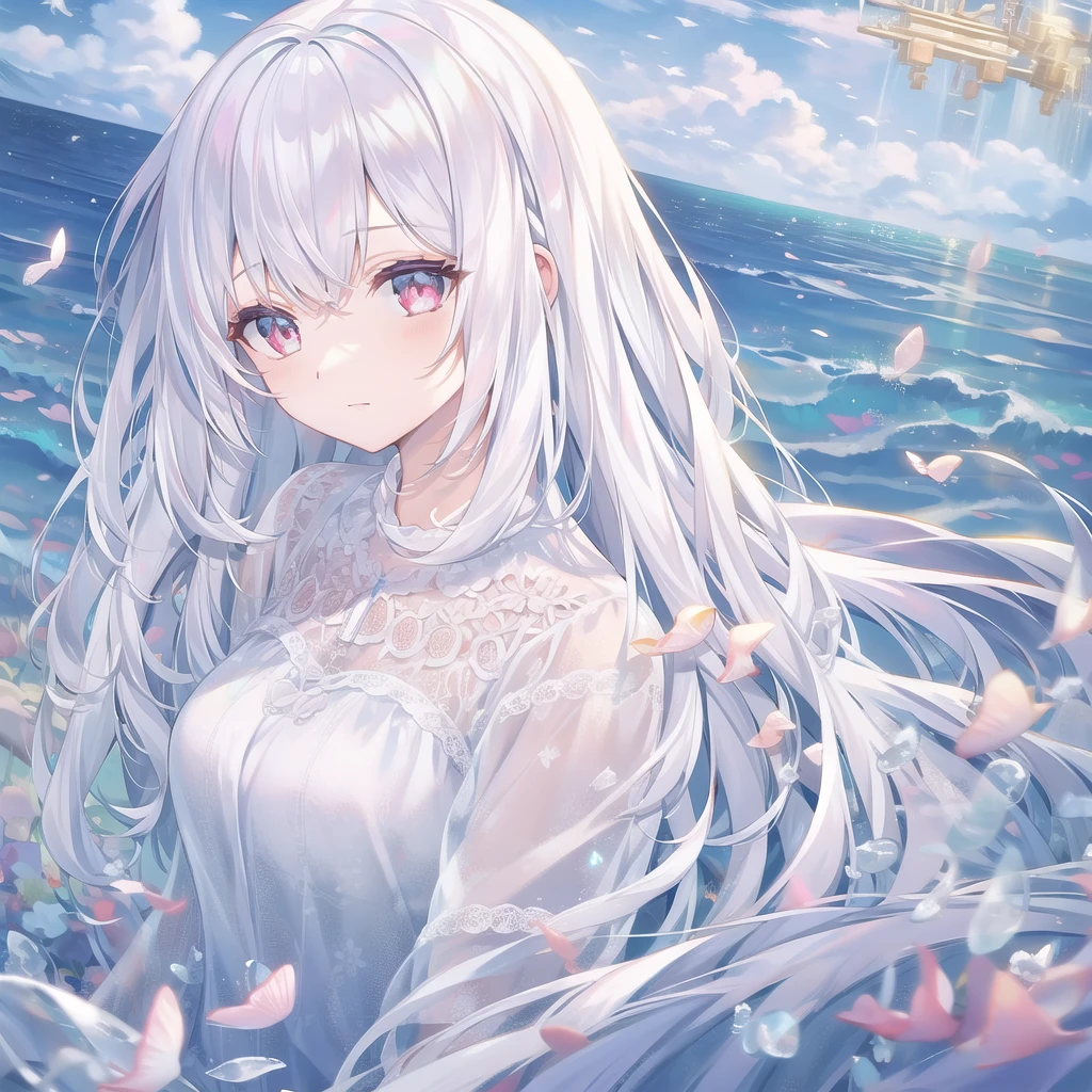 ((masterpiece, best quality))++, Detailed lighting+,  Detailed hair+, Detail hand+ ,1 girl, Miss, Long hair,   Crimson eyes,  beautiful eyes, young white hair,,(Beautiful white hair:1.5),(Beautiful and delicate eyes),  high resolution+,glass tint, Reflective eyes,   {{angle}} , Very detailed wallpaper, The original, Air bangs，Extremely beautiful CG，Firefly，Nature，ocean