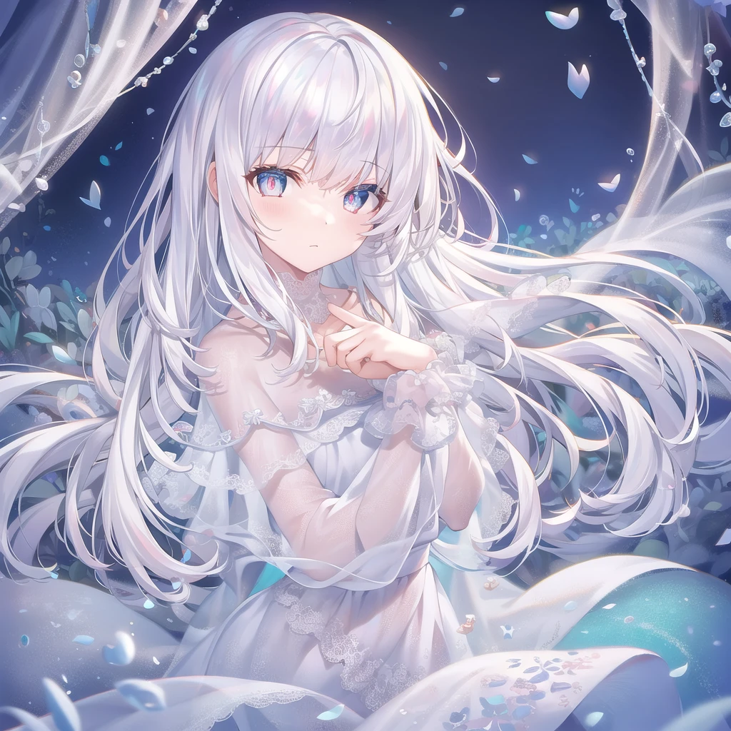 ((masterpiece, best quality))++, Detailed lighting+,  Detailed hair+, Detail hand+ ,1 girl, Miss, Long hair,   Crimson eyes,  beautiful eyes, young white hair,,(Beautiful white hair:1.5),(Beautiful and delicate eyes),  high resolution+,glass tint, Reflective eyes,   {{angle}} , Very detailed wallpaper, The original, Air bangs，Extremely beautiful CG，Firefly，Nature，ocean