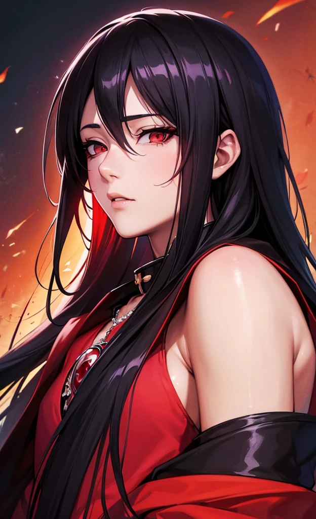 (masterpiece, best quality, high resolution), uchiha itachi, red eyes, long hair, without forehead protector, ninja, cloak, high collar, jewelry, necklace, ,strong body, Beautiful Nose, handsome character design, perfect eyes,perfect face, alluring, wallpaper,perfect lighting, Colorful,ultra highres, photography,2K, HDR,