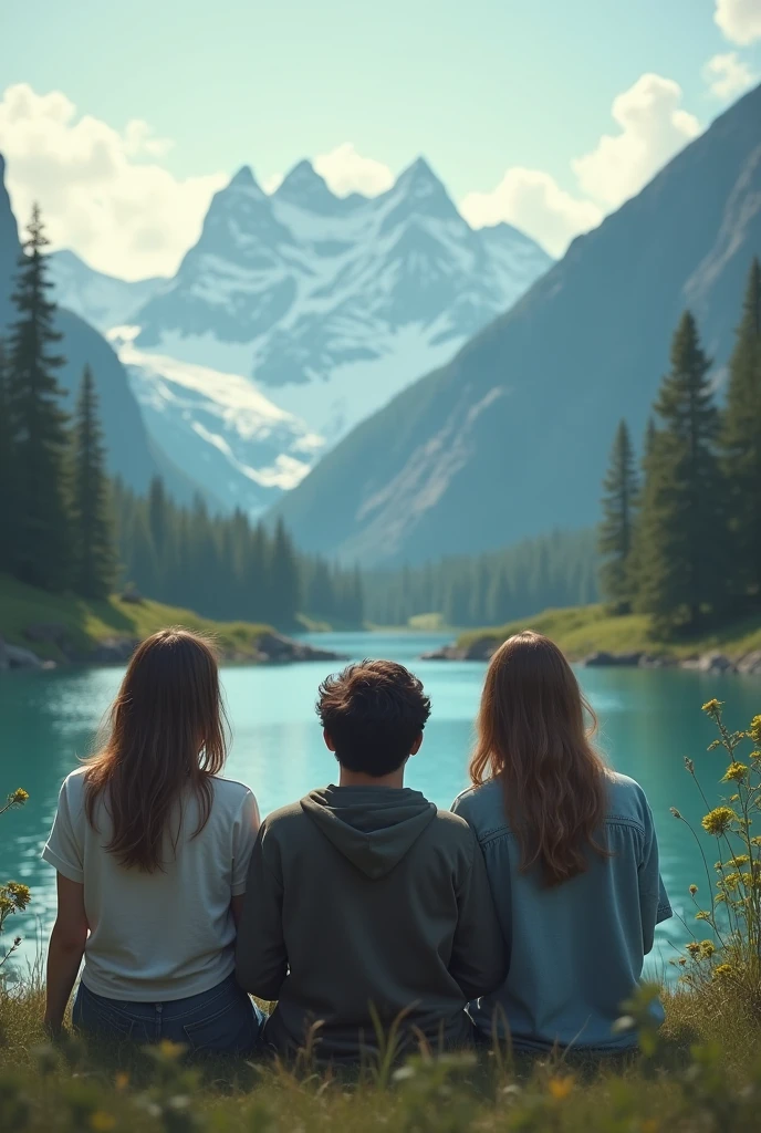 A 22 year's boy and two women sitting in a chair and thinking about something background 5 small lake and mountains
