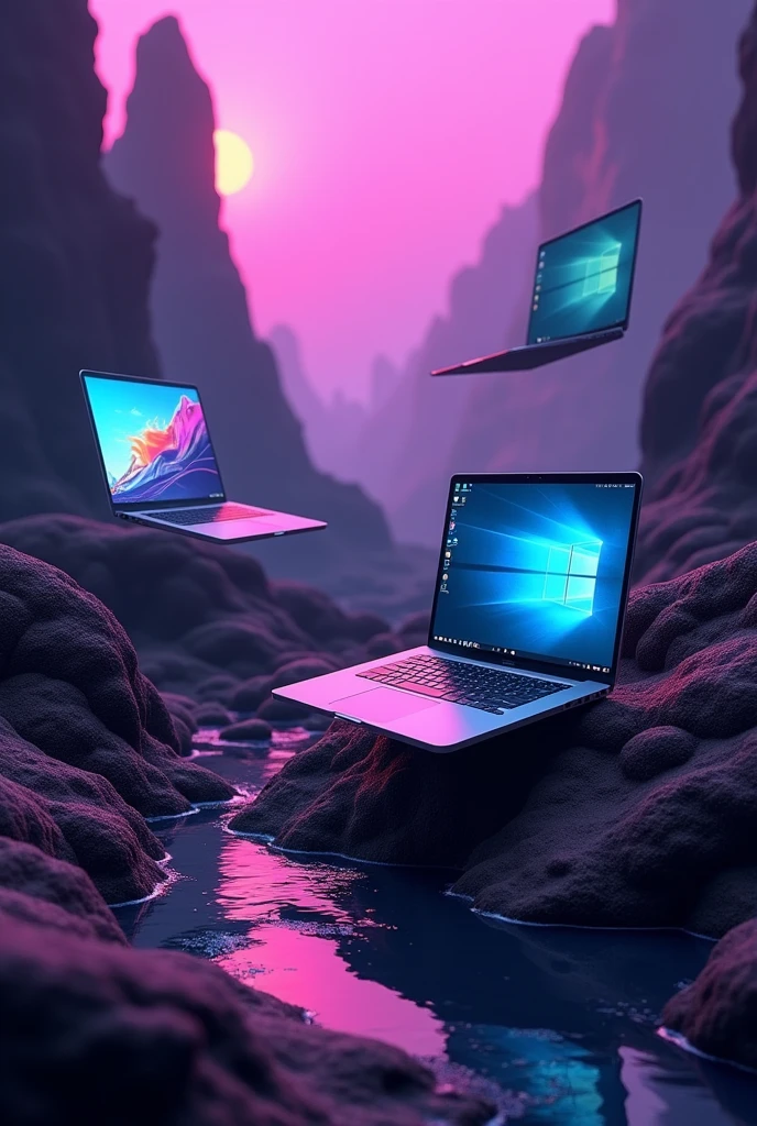 Laptops and computers flying as decoration, cyberpunk, purple and black background, Landscape photo size