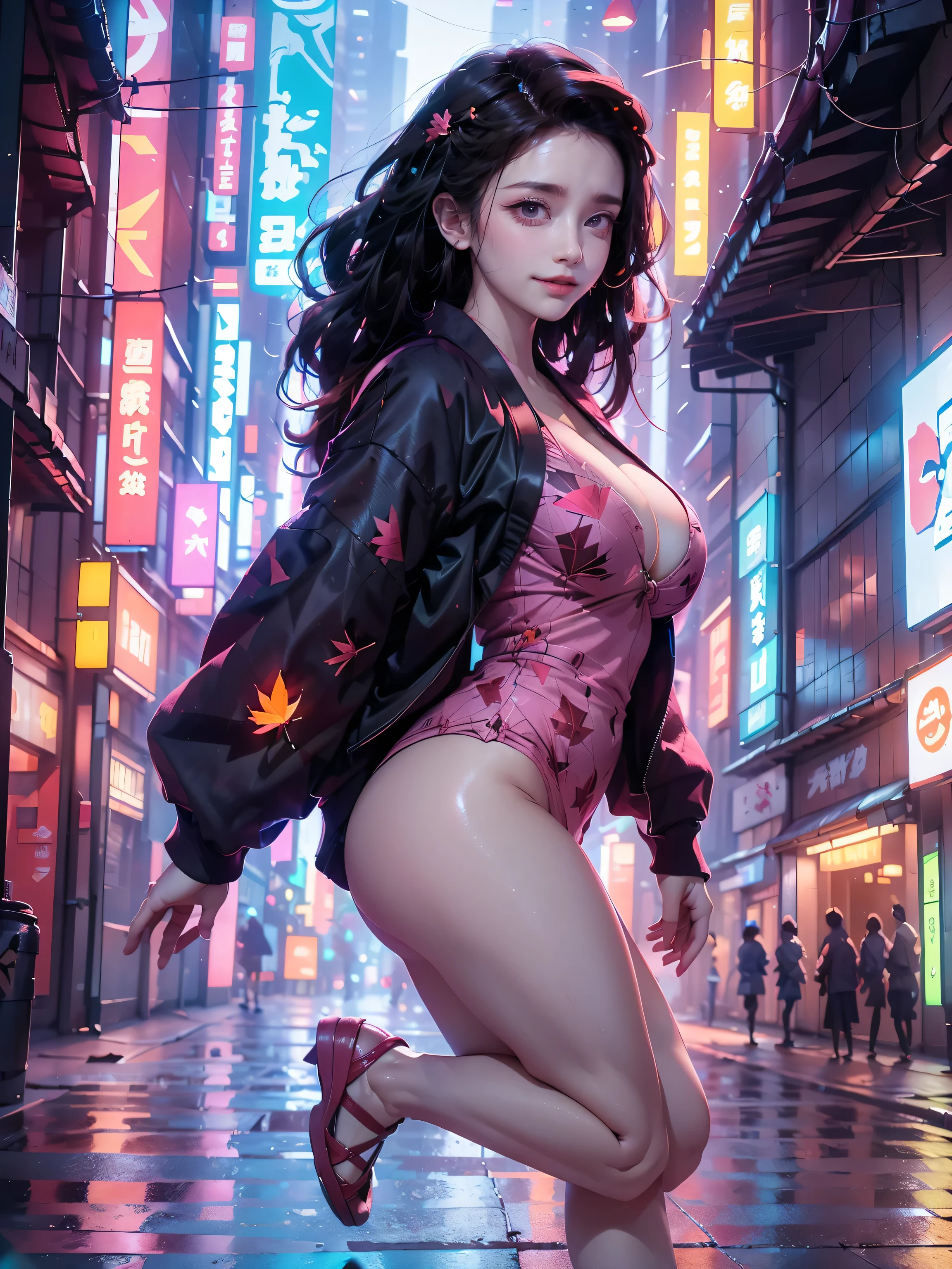 ((16K)),((masterpiece:1.3)), ((Highest quality)), ((Ultra-high resolution)), (Very detailed), ( ultra-realistic, Photorealistic:1.4), Perfect lighting,((Side light)), Surrealism,No makeup, Film Grain, chromatic aberration, Sharp focus, Face Light,((Beautiful detailsまでこだわった髪)),((Beautiful eyelashes)), Beautifully detailed face, ((Beautiful Hair)),Beautiful details, Beautiful clavicle, Beautiful body, Thin legs,Beautiful breasts, Beautiful legs, ((Detailed and carefully drawn hand)), ((Cleavage)),Pointed Chest, Perfect Anatomy, Supermodel with a long neck,((Skinny1.3)),23 years old,Looking into the camera,(Perfect Anatomy,Anatomically correct, Very detailed肌), Glowing Skin,((pale skin)),((beautiful girl:1.1)),(( large breasts:1.4)),Dainty facial structure,((Crazy smile:1.4)),((Command nezuko:1.5)), ((demon slayer)), ((pink yukata, black jacket)),((yukata)), ((light effect:1.2)), ((pink fall leaf effect:1.4)),((Flying kick:1.4)),((Show me the soles of your shoes)), ((from side:1.2)),background((Background of a colorful cyberpunk Tokyo street at night. The scene features futuristic skyscrapers illuminated by neon lights and holographic advertisements. Flying vehicles zip through the sky, while people in cyberpunk fashion walk the streets below, The walls of the buildings are adorned with giant digital screens displaying vibrant ads and animations. The ground is embedded with colorful LED lights, creating an ethereal and otherworldly atmosphere throughout the city)),((wide shot:1.6))