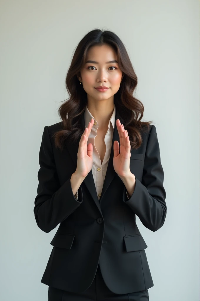 A women standing with hold his hands professionaly