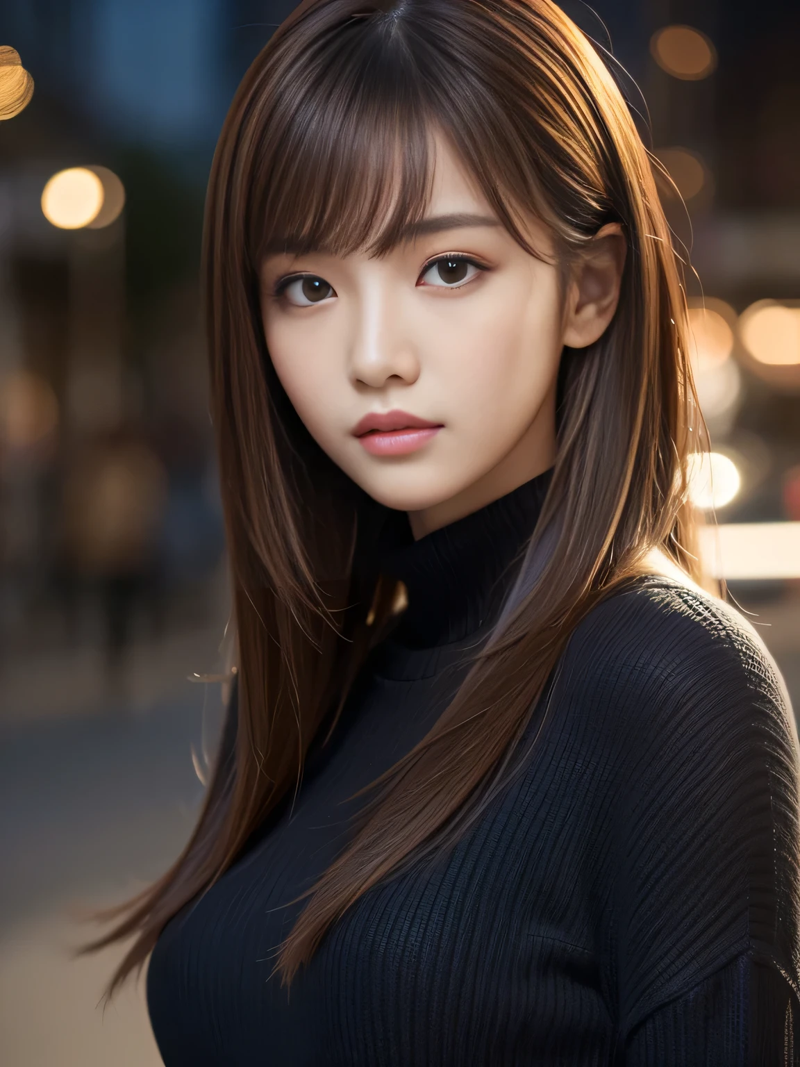 masterpiece, 1 beautiful girl, detailed eye, Puffy eyes, top-quality, high resolution, (Realisticity: 1.4), cinematlic lighting, Asian Beauty, Korea idol, Super beauty, Beautiful skin, slender, (A hyper-realistic), (hight resolution), (8K), (ighly detailed), (beautifully detailed eyes), (ultra-detailliert), (wall), detailed face, Bright lighting, profetional lighting, looking at viewert, Facing straight ahead, Black knitwear, oblique bangs, nighttime scene, Brown hair, age19, tall,
