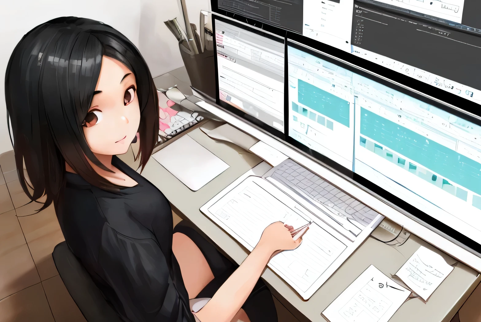 An asian girl looking at her laptop, she is designing a UI/UX in her laptop, she is working on her desk, simple office background