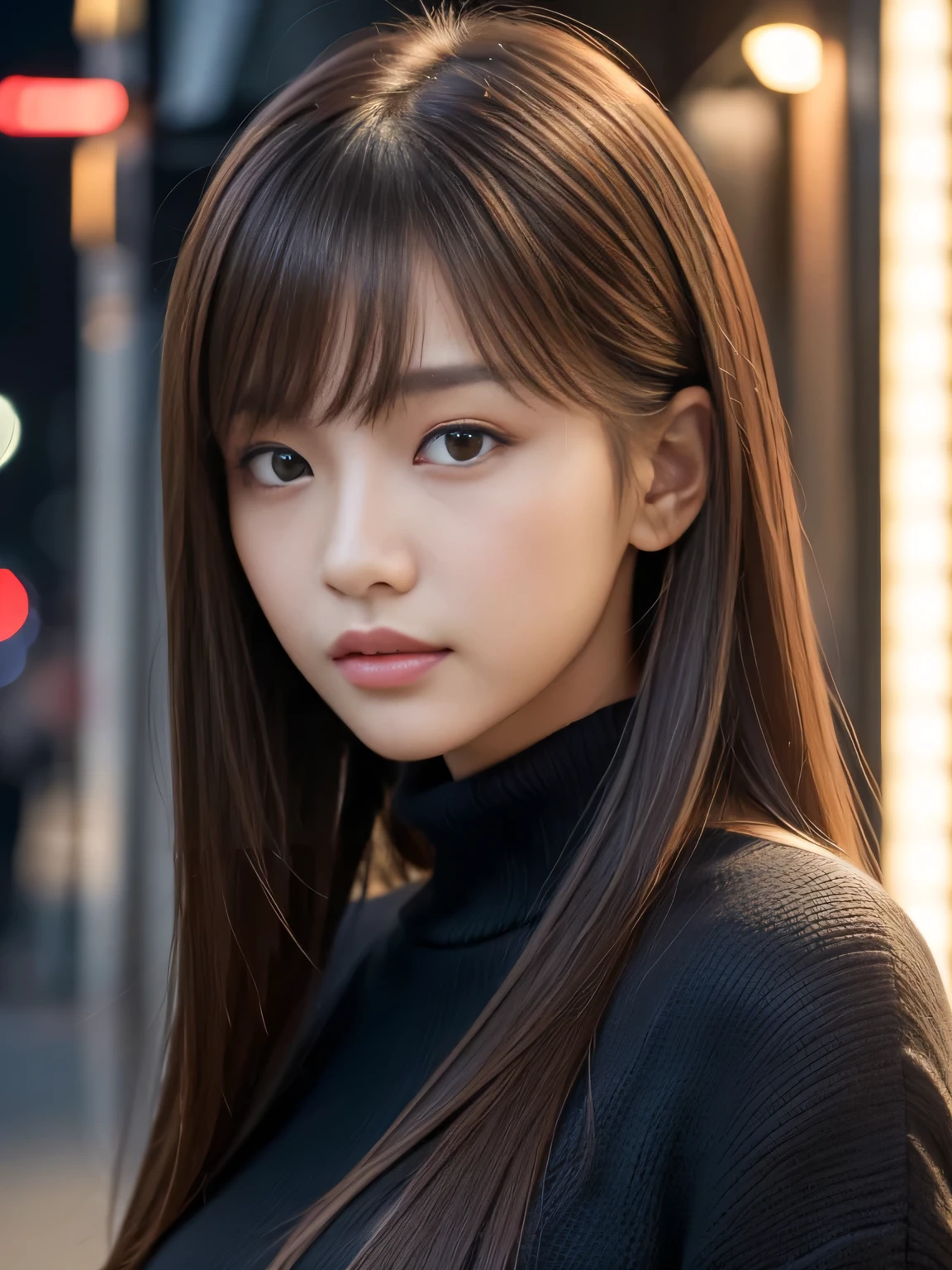 masterpiece, 1 beautiful girl, detailed eye, Puffy eyes, top-quality, high resolution, (Realisticity: 1.4), cinematlic lighting, Asian Beauty, Korea idol, Super beauty, Beautiful skin, slender, (A hyper-realistic), (hight resolution), (8K), (ighly detailed), (beautifully detailed eyes), (ultra-detailliert), (wall), detailed face, Bright lighting, profetional lighting, looking at viewert, Facing straight ahead, Black knitwear, oblique bangs, nighttime scene, Brown hair, age19, tall,