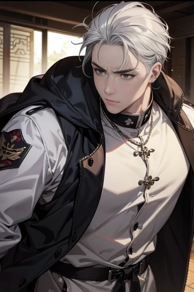 male性、soldier、uniform、knight、soldier、Oil painting style、Europe、Oil painting、antique、Silver Hair、Silver Hair、2 Blocks、I can see the ears、Berry Short、bad、Intimidating、Yankee、masterpiece、High resolution、30 years old、male、Young people、maleらしい、Eyebrows that are not too thick、Ear piercing、Lots of earrings、Stocky build、crude、rough、bullish expression、Muscular、目つきがbad、Image on chest、He seems to be good at fighting、Highest quality, High resolutionモデル, Center parting、Droopy eyes, Shortcuts、Downer、Gala's bad、Adult、No bangs、Well-built、Not classy、Large build、Strong bite、Forehead showing、The forehead is protruding