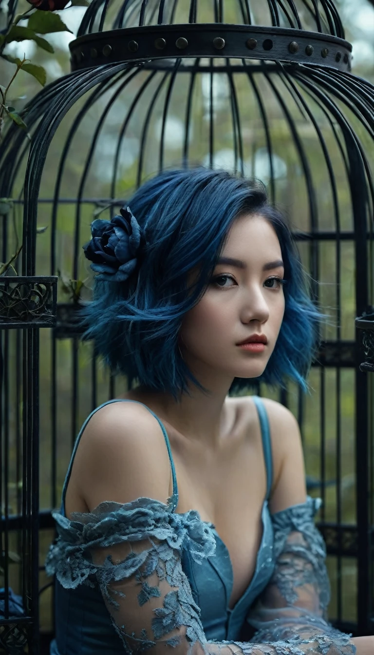 Close up Image of a shoulder length blue hair beautiful girl sitting on the sofa inside the bird cage, forests of clocks interspersed with forests of thorns, dark, gloomy, mysterious but full of magic, shimmeringly beautiful, in the distance there is a giant birdcage surrounded by climbing black roses, , cinematic color, 16K, UHD, K-Pop Style
