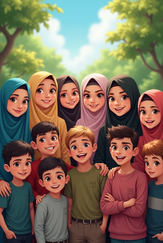 A group photo where are 8 hijab girls & 11 boys